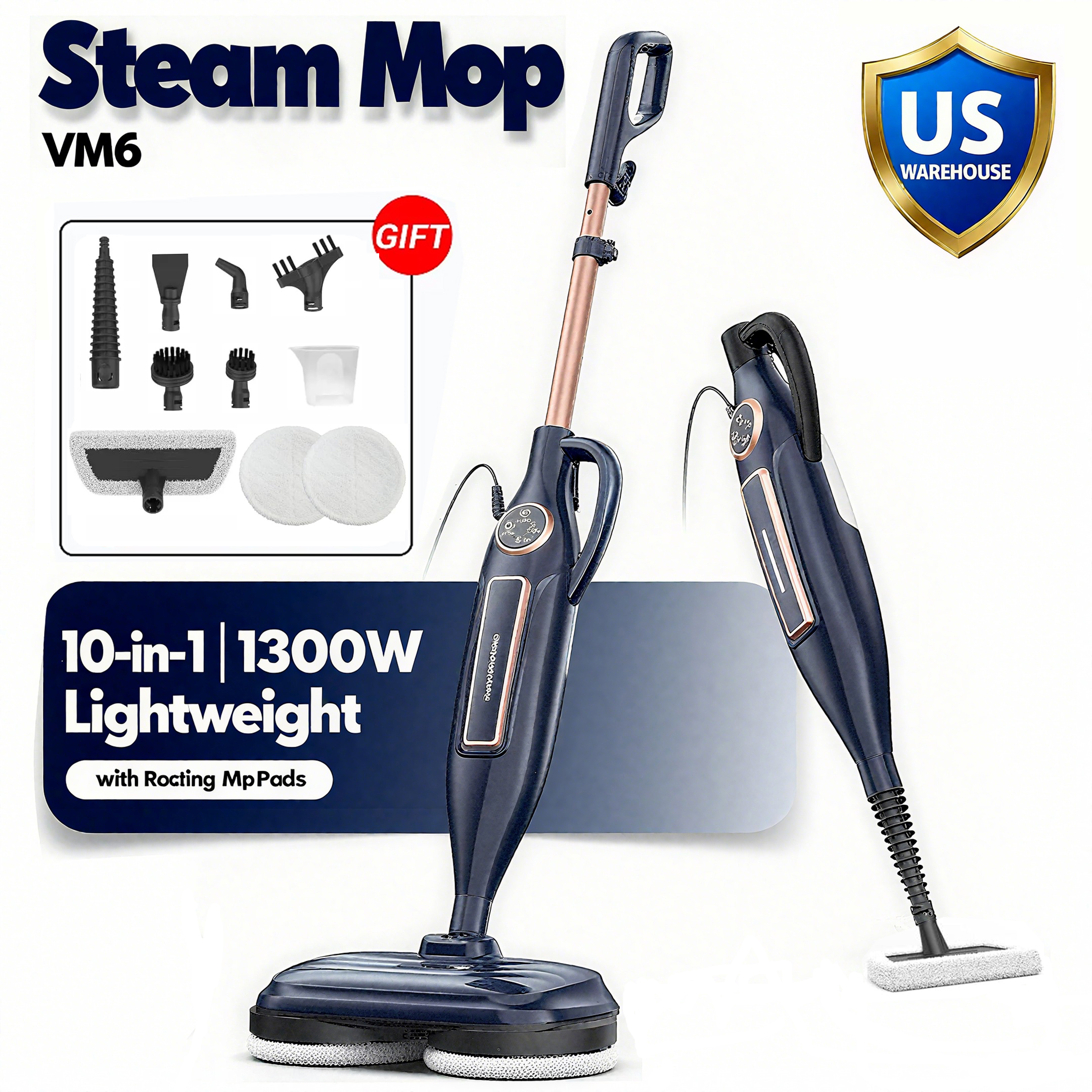VM6 スチームモップクリーナー 回転モップパッド付き 1300W 強力フロアスチーマー 10 in 1 軽量スピンモップ高温スチームブラスターテクノロジー付き LED ヘッドライト 家庭用広葉樹大理石の床用