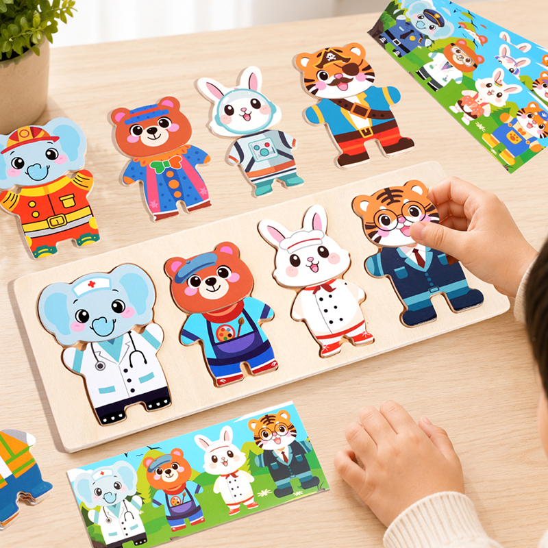 木製ドレスアップゲーム 3-6 歳の子供のギフト着替えマッチングゲーム動物ドレスパズル学習知育玩具