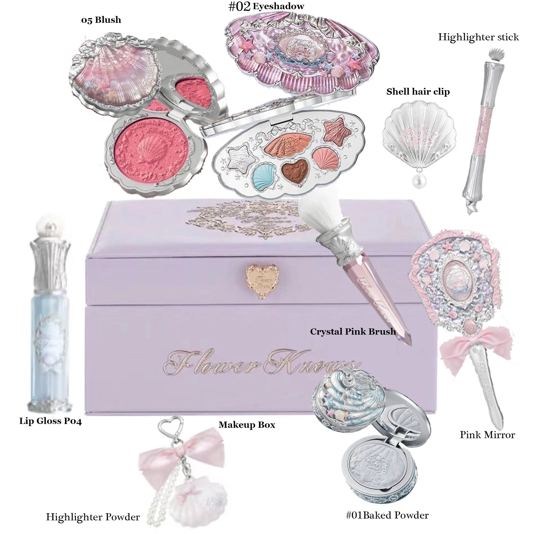 Flowerknows シェルジュエリーギフトセットメイクアップキットフルプロフェッショナルリップグロスハイライターブラッシュベイクドパウダー 10 個キット