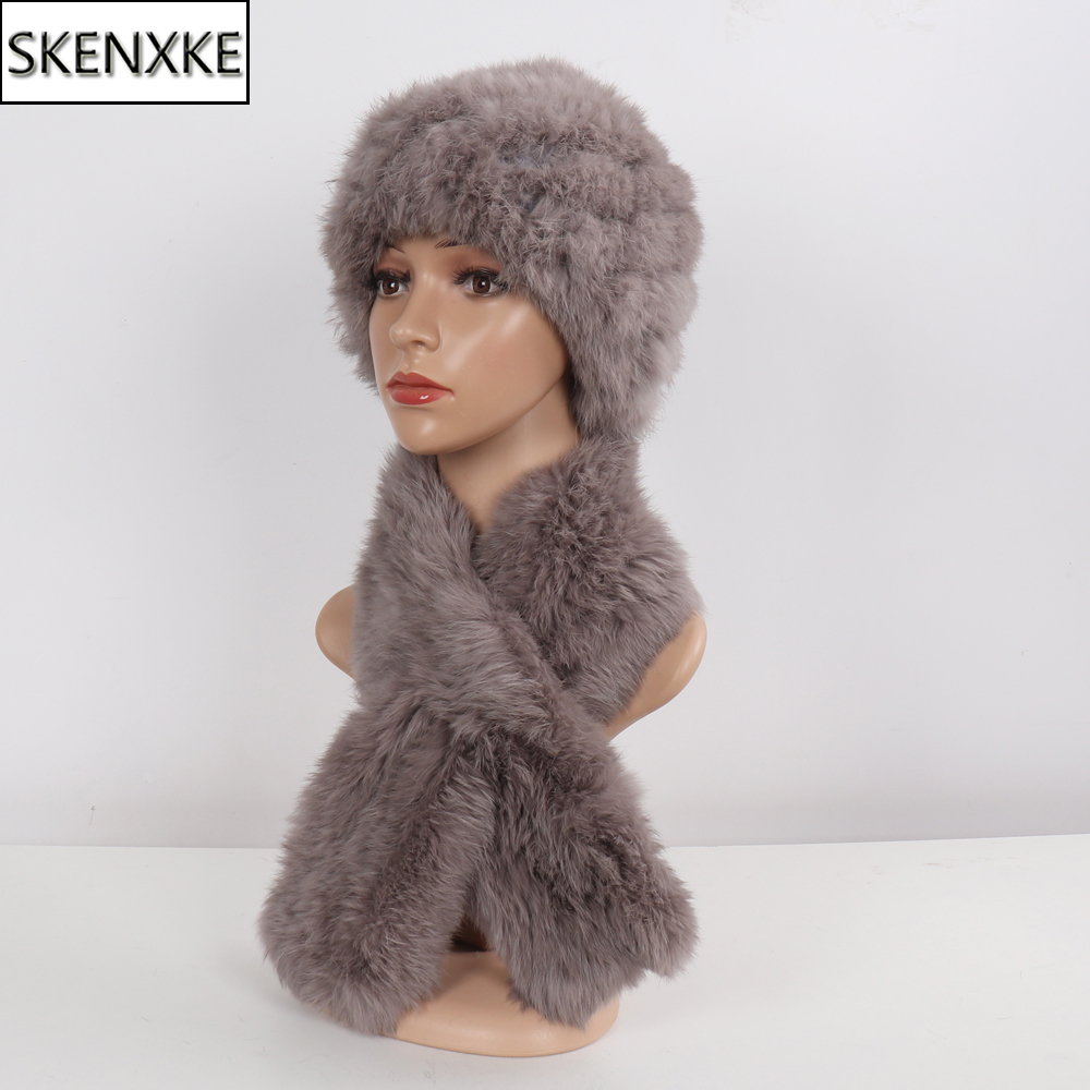 ホット販売女性の冬のリアルウサギの毛皮の帽子スカーフセットナチュラル Rbbit 毛皮の帽子スカーフ女性暖かいリアルウサギの毛皮の帽子マフラー 2 ピース