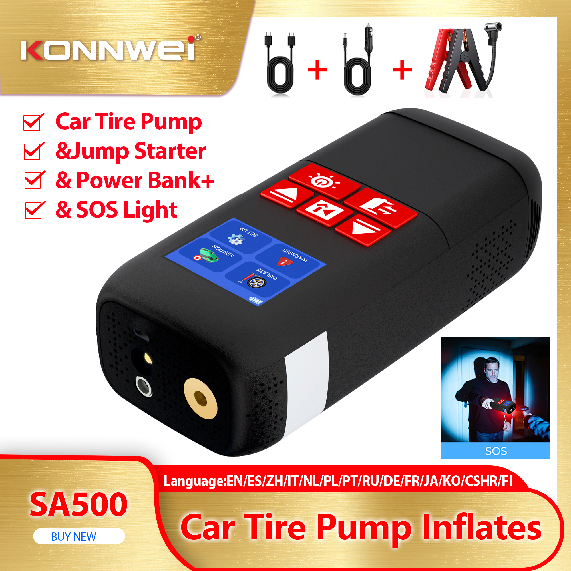 2026 KONNWEI SA500 4 in 1 Professional Car Tire Pump Inflates Power Bank Portable SOS Light Car Jump Starter 12V Car Tool Kits