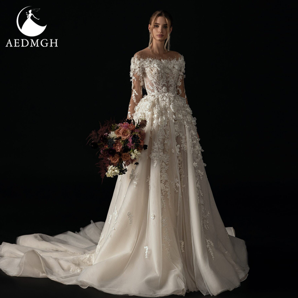 Aedmgh A ラインエレガントなウェディングドレスボートネック長袖 Vestido デノビアレースアップリケ花シックなカスタムメイドのブライダルドレス