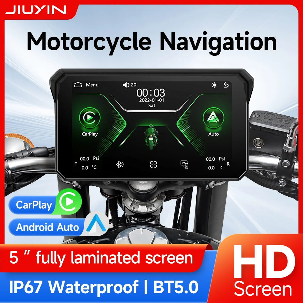Jiuyin 5 インチオートバイスクリーン Carplay モトナビゲーションポータブルデジタルダッシュボード Motobike Android 自動防水 BT モニター