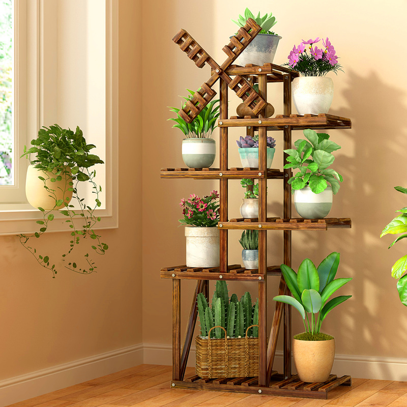 5段無垢材プラントスタンド - 屋内/屋外モダンフラワーシェルフ、多肉植物鉢植え用省スペースディスプレイラック