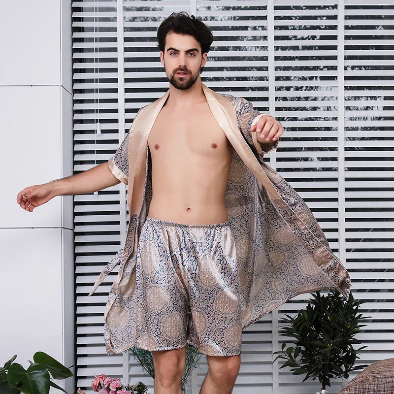 男性プラスサイズ 3XL 4XL 5XL パジャマサテンホームウェアプリントローブスーツ 2 個ローブ
