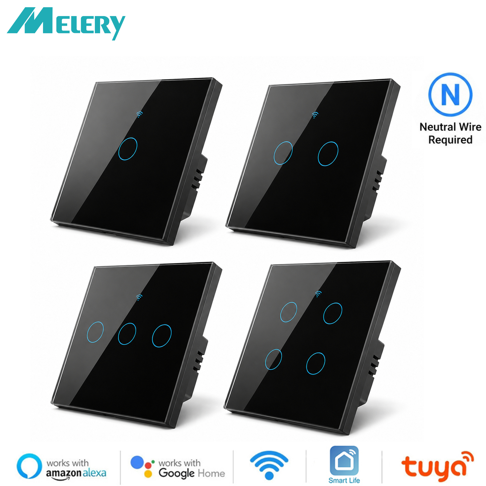 Melery Wifi スマートライトスイッチ 2/3 ウェイ Tuya Smartlife ガラスタッチセンサー 86*86 EU スクエアコントローラーリモート Alexa Google ホーム
