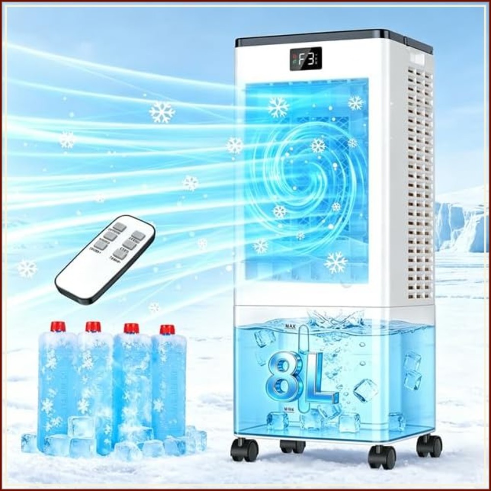 3-in-1ポータブルエアコン、8Lタンク付き蒸発冷却ファン、12時間タイマー、リモコン、120°首振り、窓不要