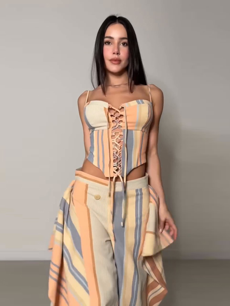 シックな女性プリントパンツセットレースアップスパゲッティストラップノースリーブチューブトップとロングパンツフリルファッション夏の女性の休暇スーツ