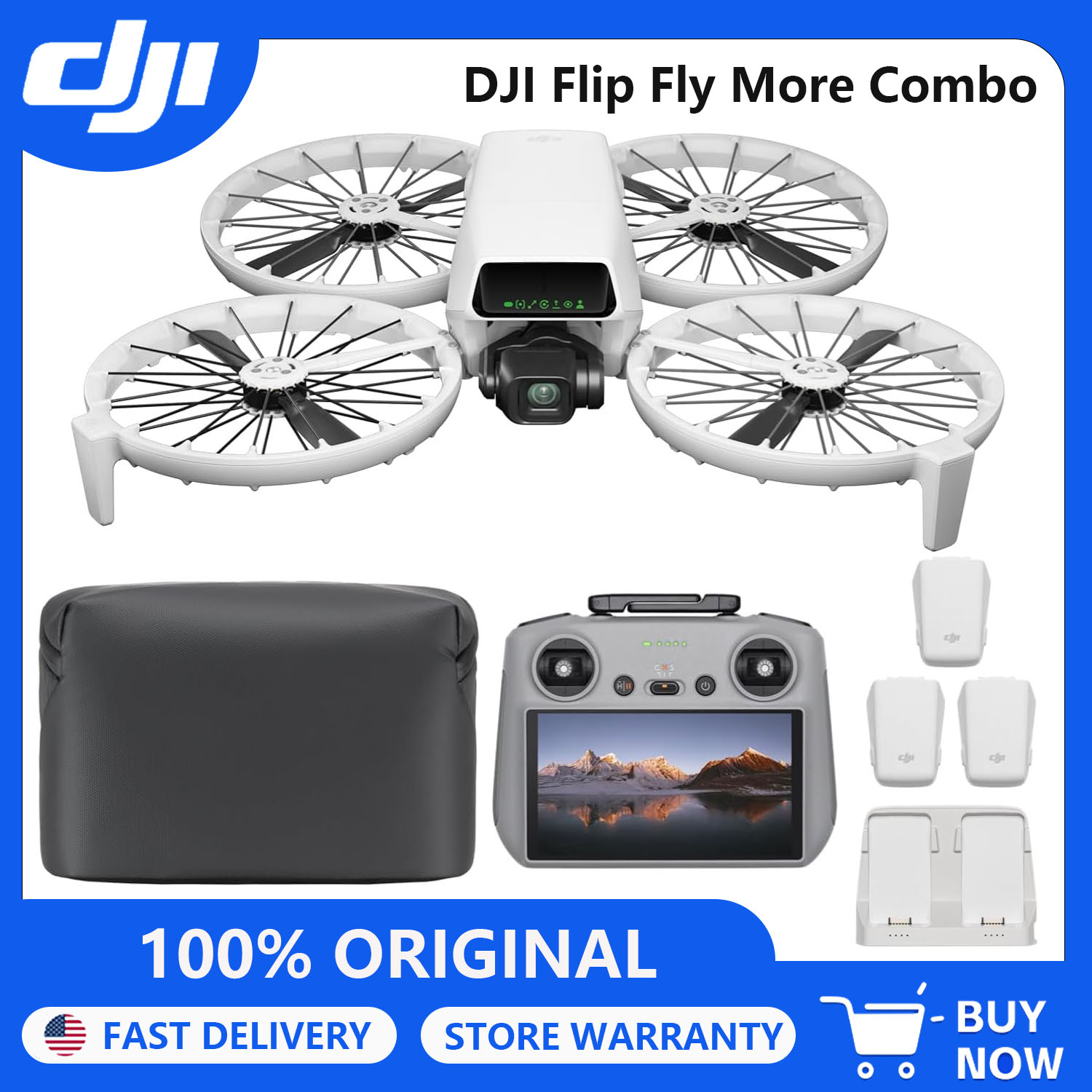 DJI ドローン フリップフライモアコンボ RC 2 スクリーンリモコン付き、大人用 4K UHD カメラ付きドローン、パームテイクオフ、オートリターン、インテリジェントフライト、バッテリー 3 本で飛行時間 93 分