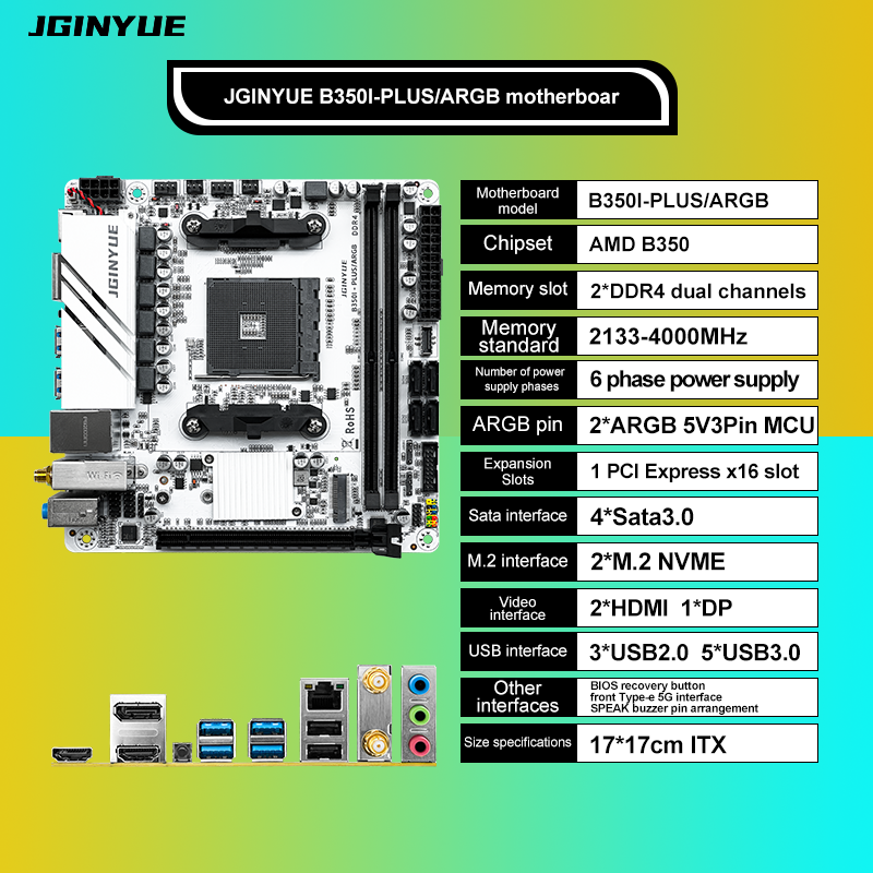 JGINYUE AMD AM4 ITX マザーボードは Ryzen R3 R5 R7 R9 1/2/3/4/5 シリーズ CPU DDR4 RAM デスクトップ PC PCI-E 3.0 B350i PLUS ARGB をサポートします