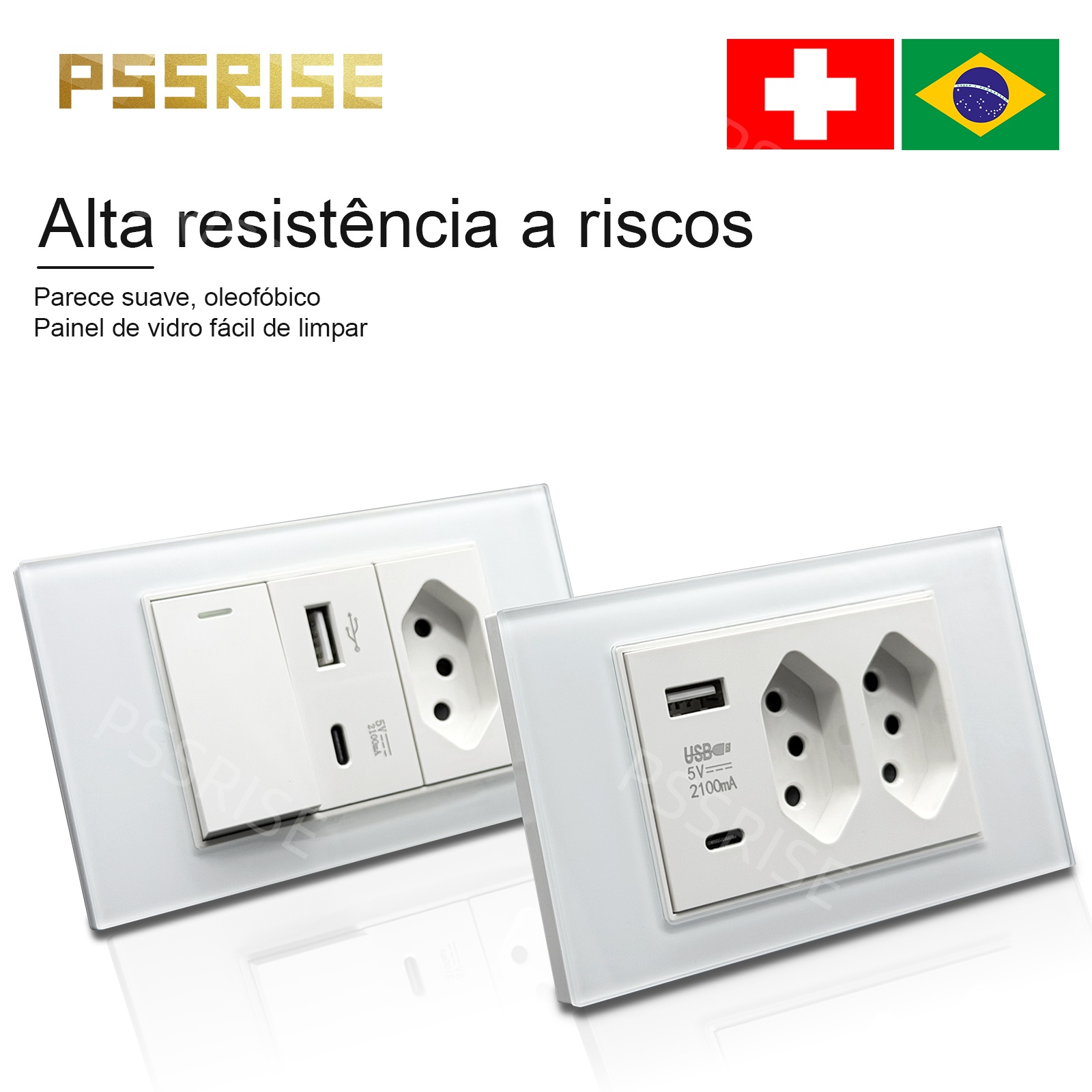 PSSRISE ホワイト強化ガラス標準ソケットスイッチブラジルスイス USB TypeC 壁ソケットライトスイッチスマートスイッチ Tuya Wifi