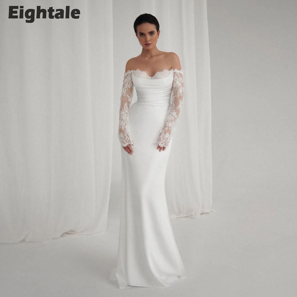Eightale ボヘミアンマーメイドウェディングドレスカスタマイズオフショルダーレースプリーツ背中の開いたロング Vestido デノビアブライダルガウン女性のための