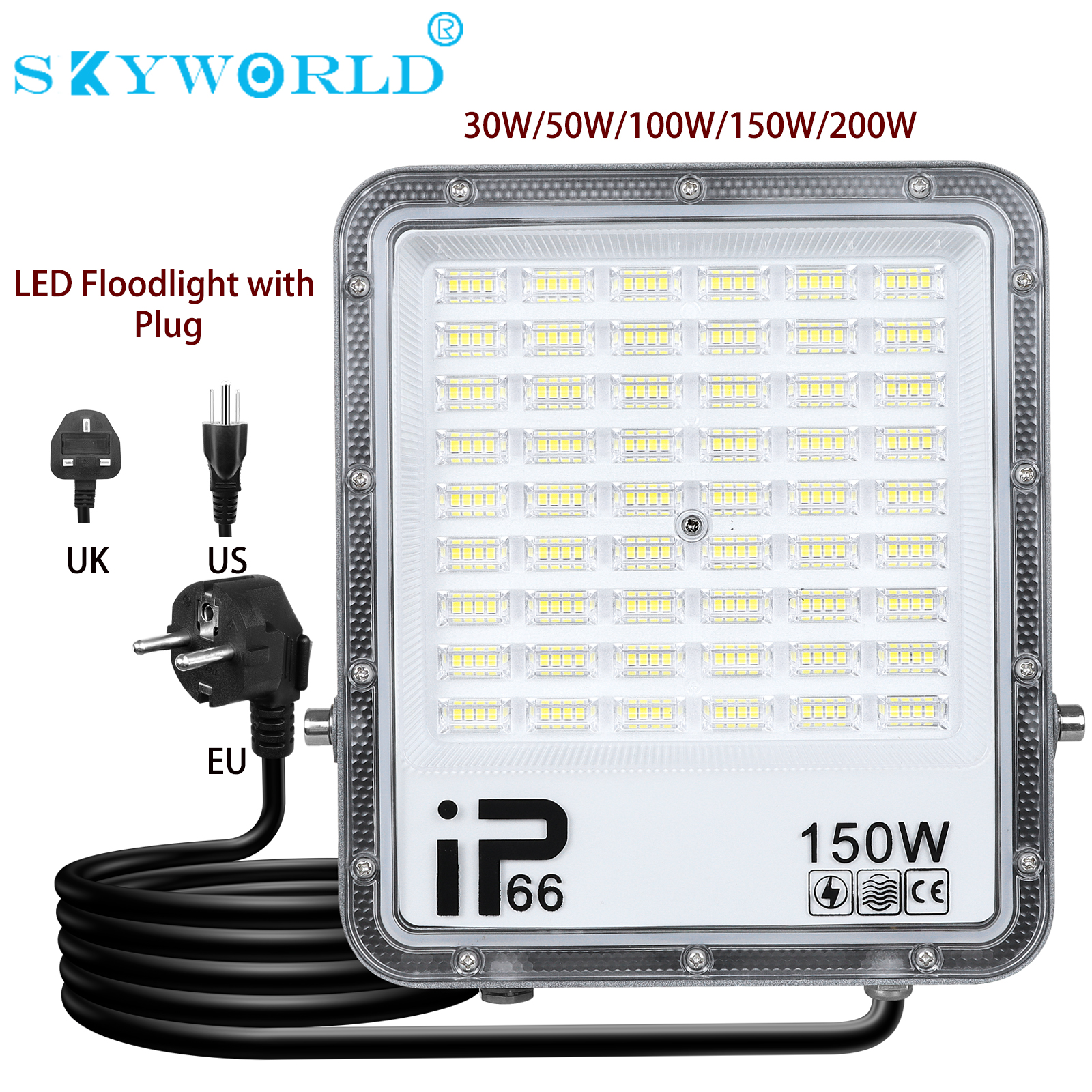 SKYWORLD 1x 30W 50W 100W 150W 200W 300W LED Flood Light with Plug AC 110V 240V Floodlight Street Garden Lamp Outdoor Lights P66