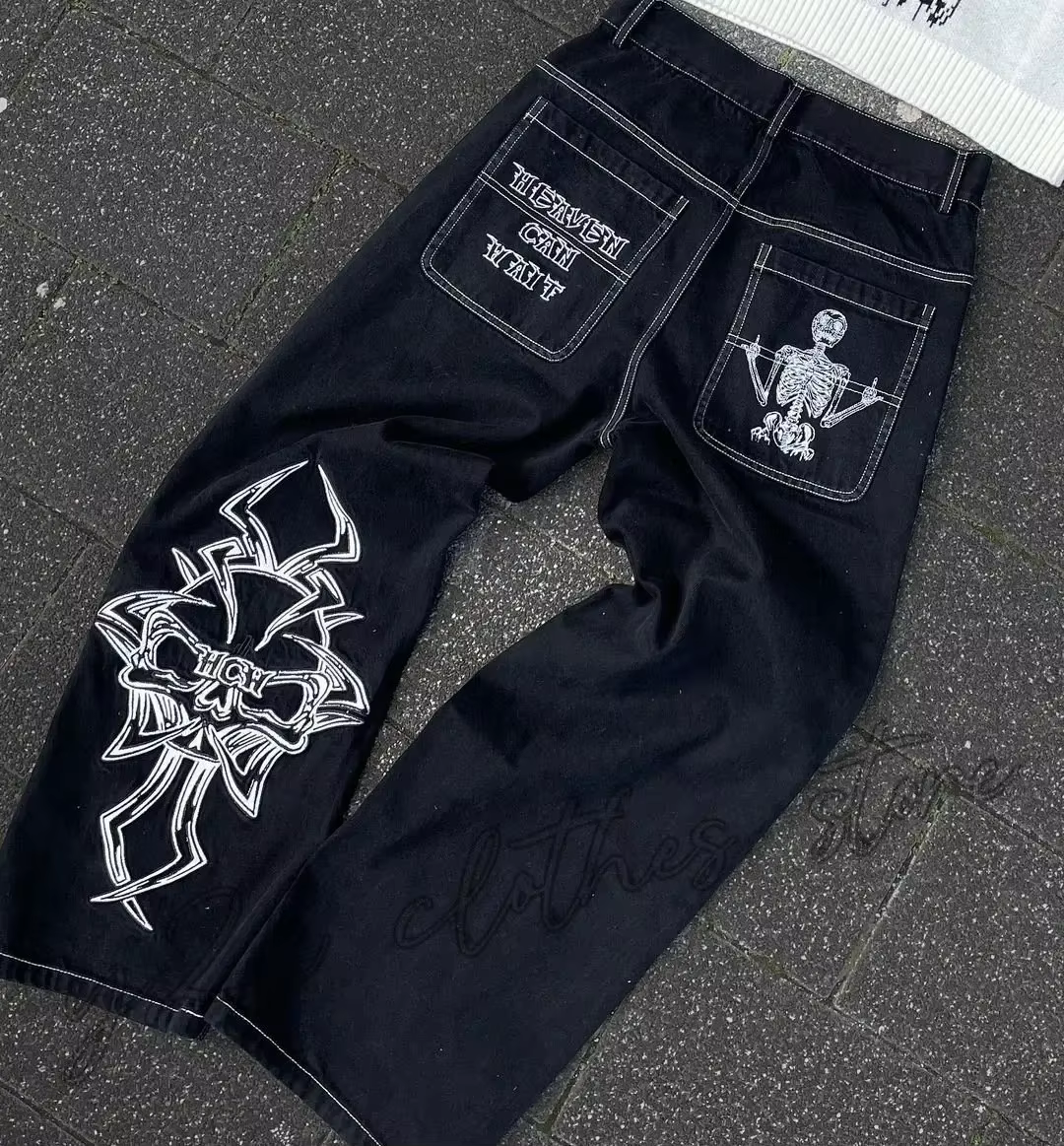 ストリートファッショントレンドスカル刺繍ジーンズ女性原宿 Y2K 新ヒップホップジョーカーストレートワイドレッグパンツカップルカジュアルジーンズ