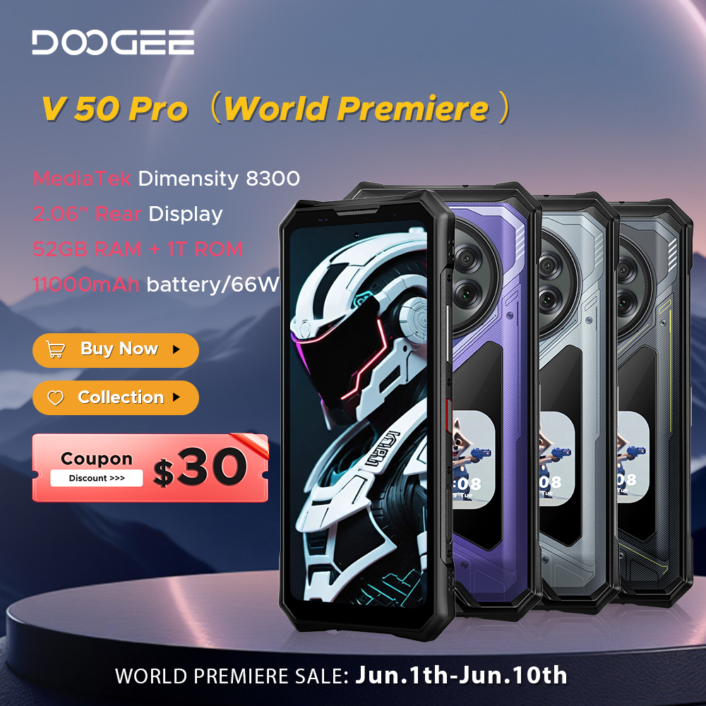 ワールドプレミア DOOGEE V50 Pro 頑丈な電話 52GB 1TB AI Pets Dimensity 8300 6.78" FHD 11000mAh 66W 200MP カメラ Android 16 NFC