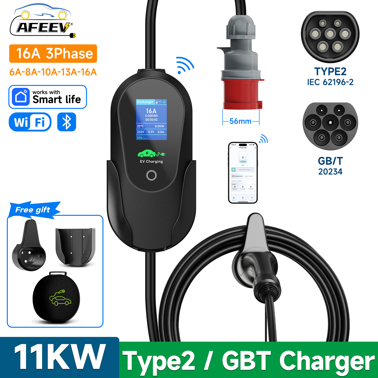 AFEEV 11KW 16A 3 相ポータブル EV 充電器 Type2 IEC62196-2 高速充電ケーブル GB/T 20234 ウォールボックス EVSE CEE プラグ WiFi アプリ制御