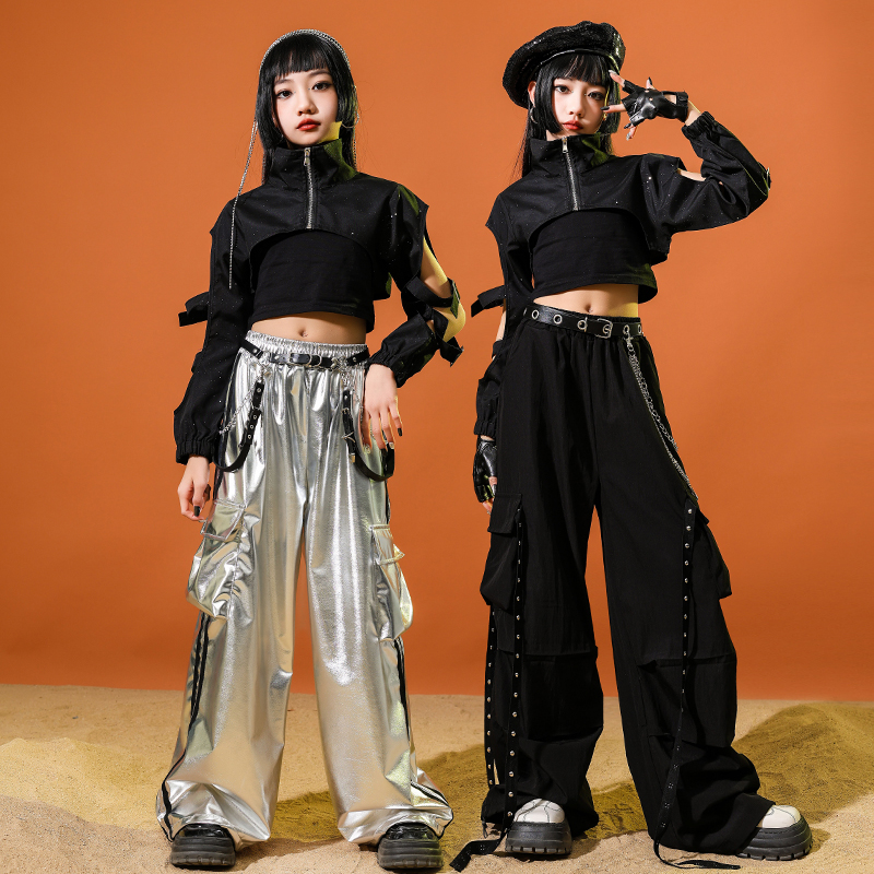 子供ヒップホップ服黒クロップトップ Tシャツシルバーワイドカーゴパンツウォーマーワイドパンツ女の子ジャズダンス衣装服