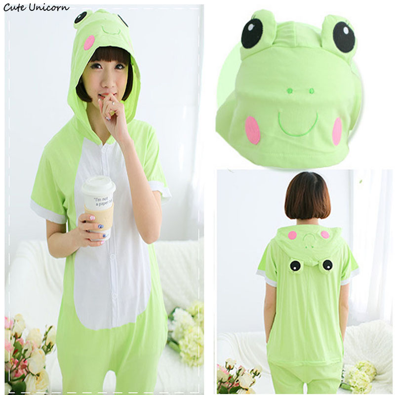 かわいいユニコーン緑のカエル半袖動物パジャマ夏ユニセックス大人コスプレ Pijamas 漫画 Onesies レディースホームウェアパジャマ