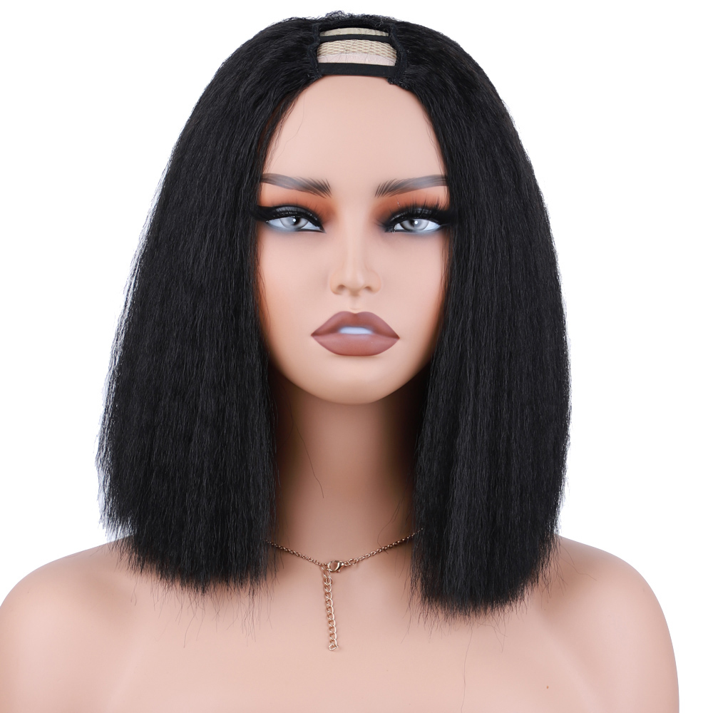 ショート合成焼きストレート U パートウィッグアフロキンキーヘア合成 U パートウィッグ女性のためのブラックキンキーストレート合成パフヘア