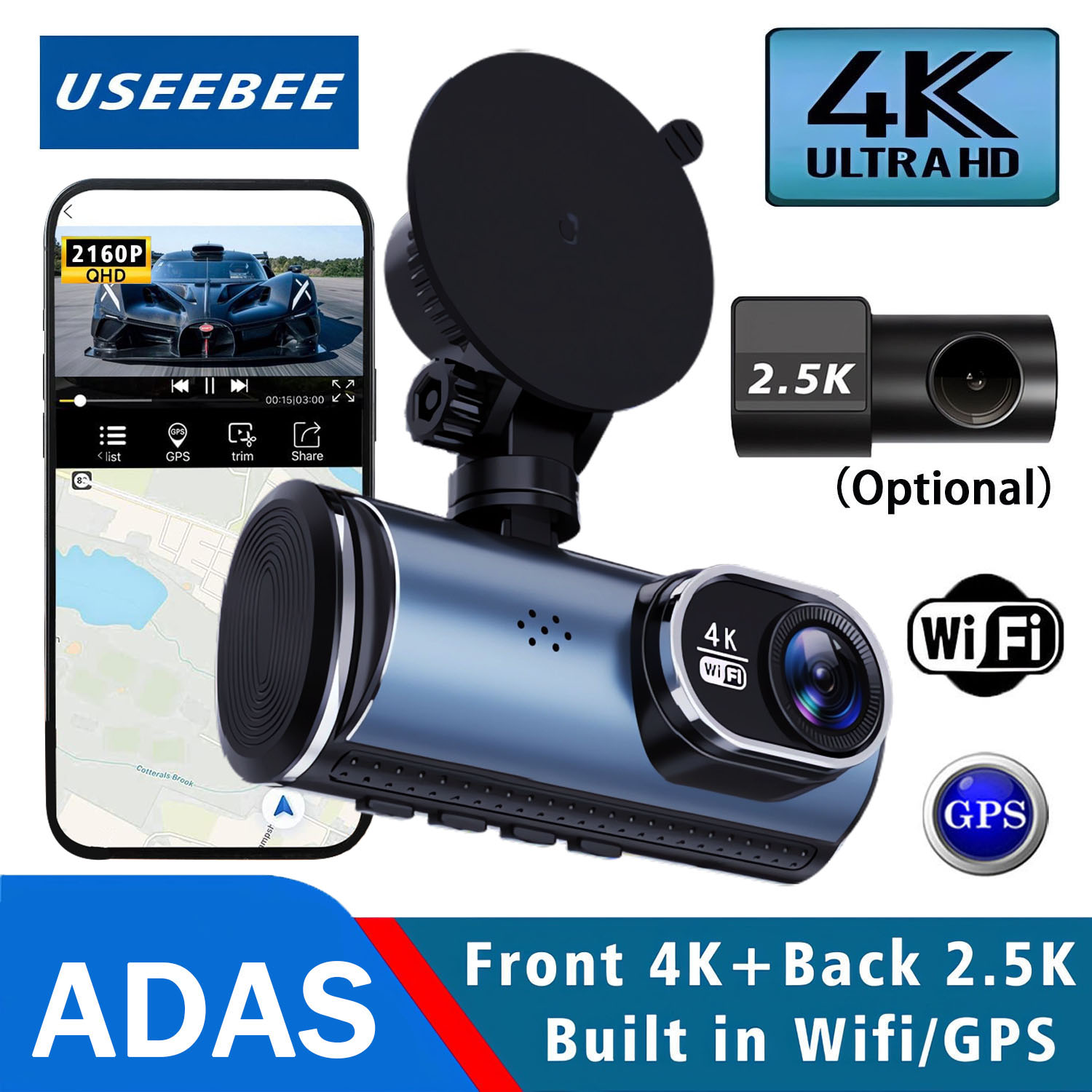 UHD 4K 2160P AI ドライバー支援ダッシュカムデュアルレンズ ADAS WIFI GPS ミニカー DVR 2.5K リアカメラビデオドライブレコーダーダッシュカム