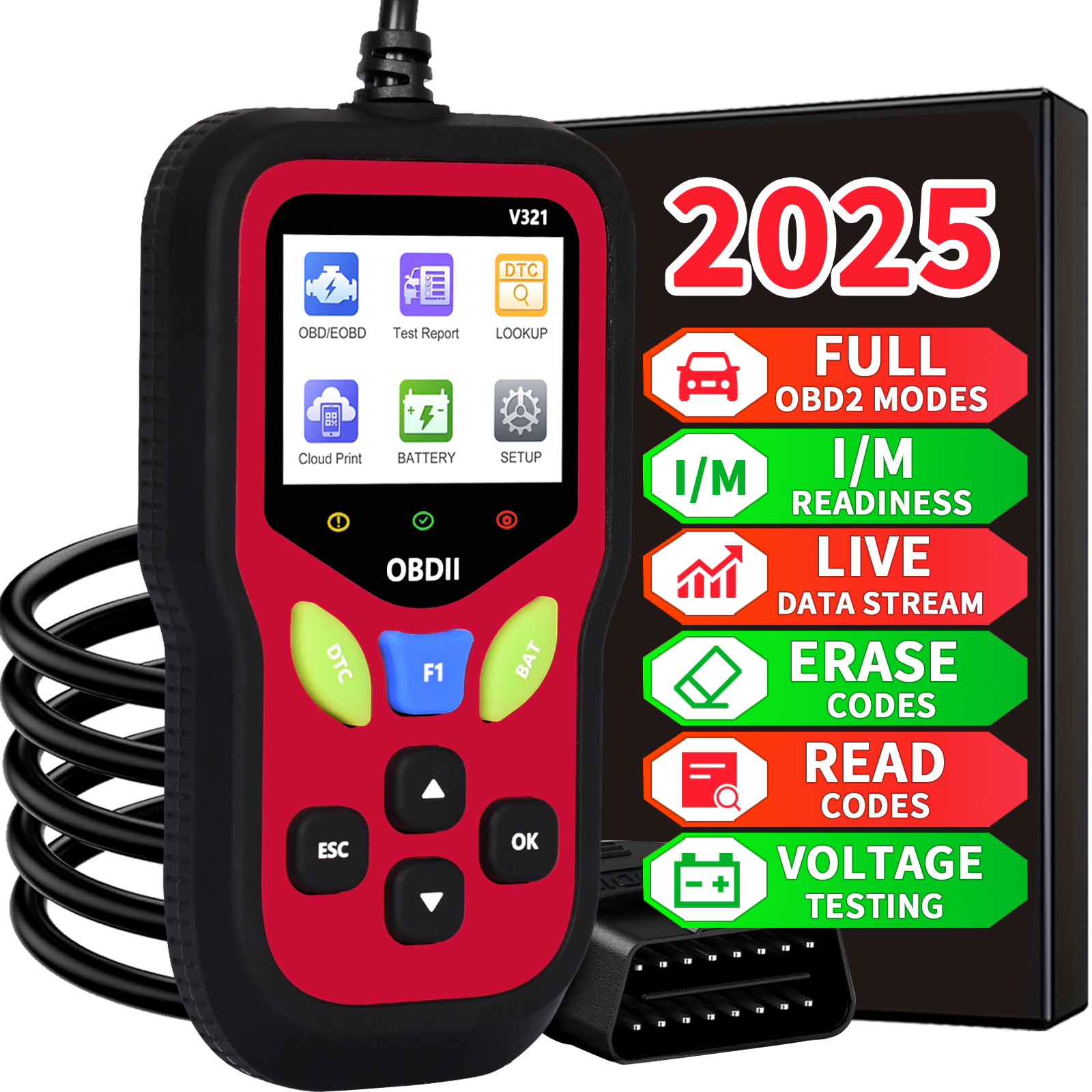 Obd2スキャナコードリーダー車診断ツールエンジン障害コードリーダー、Celのクリアに使用、リアルタイムデータ/フリーズフレーム/I/M対応、すべてのObdiiプロトコル車に適しています