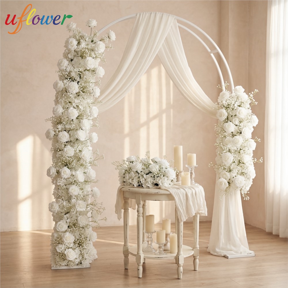 Uflower ウェディングアーチ Fowers 高級ミルクホワイトローズ BabyBreath 花行結婚式の背景セレモニーアーチ装飾造花