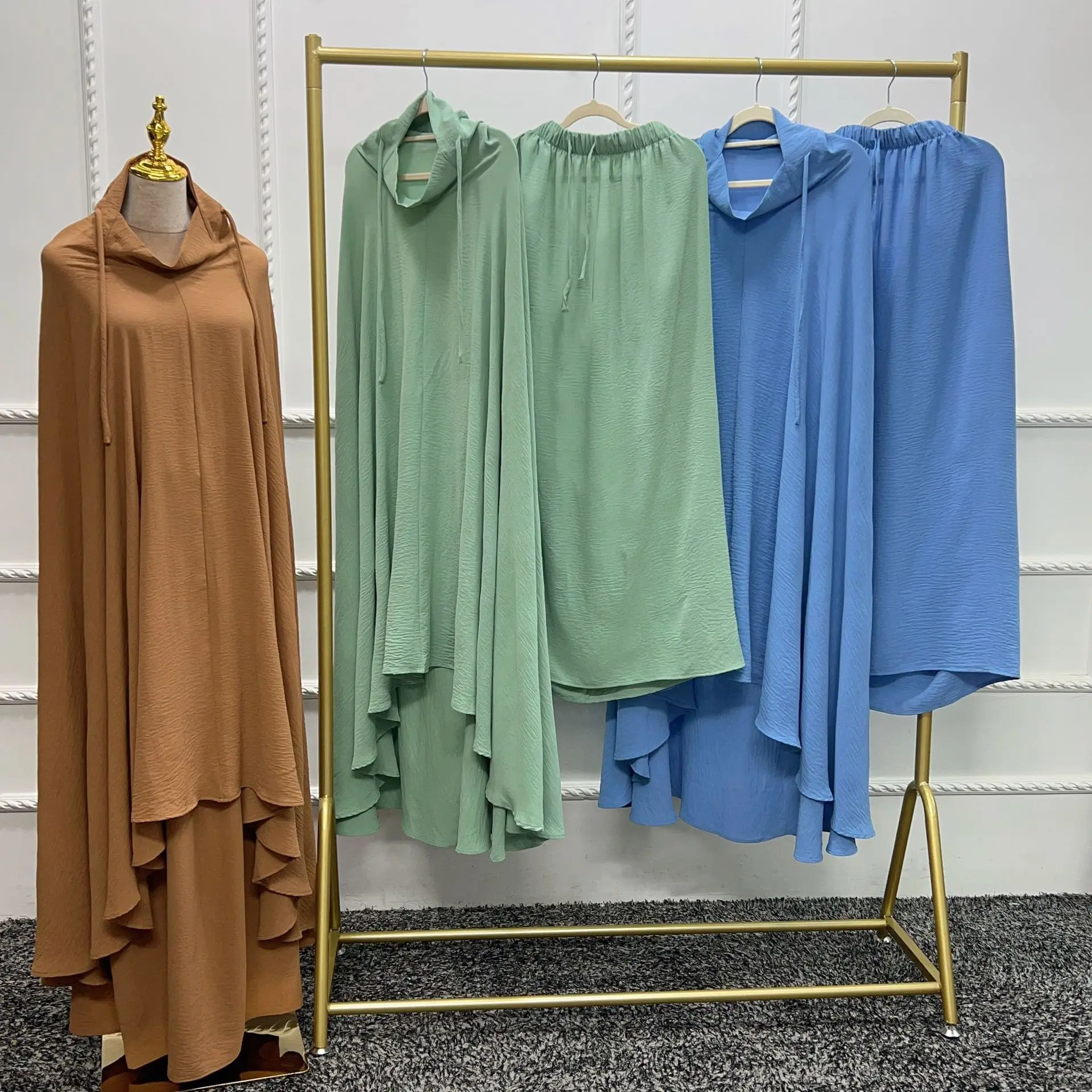 フード付きアバヤ Khimar スカート 2 点セットイスラム教徒の女性のオーバーヘッド祈り衣服イスラム服ブルカカフタンイードラマダンアバヤローブ