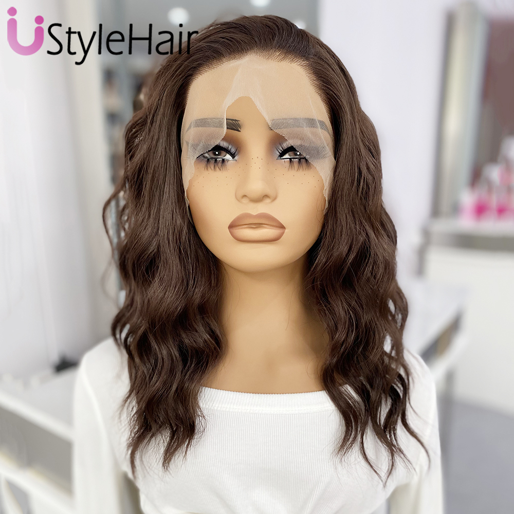 UStyleHair ブラウンレースフロントウィッグ自然な見た目 12 インチショートウェーブウィッグ耐熱人工毛日常使用コスプレウィッグ
