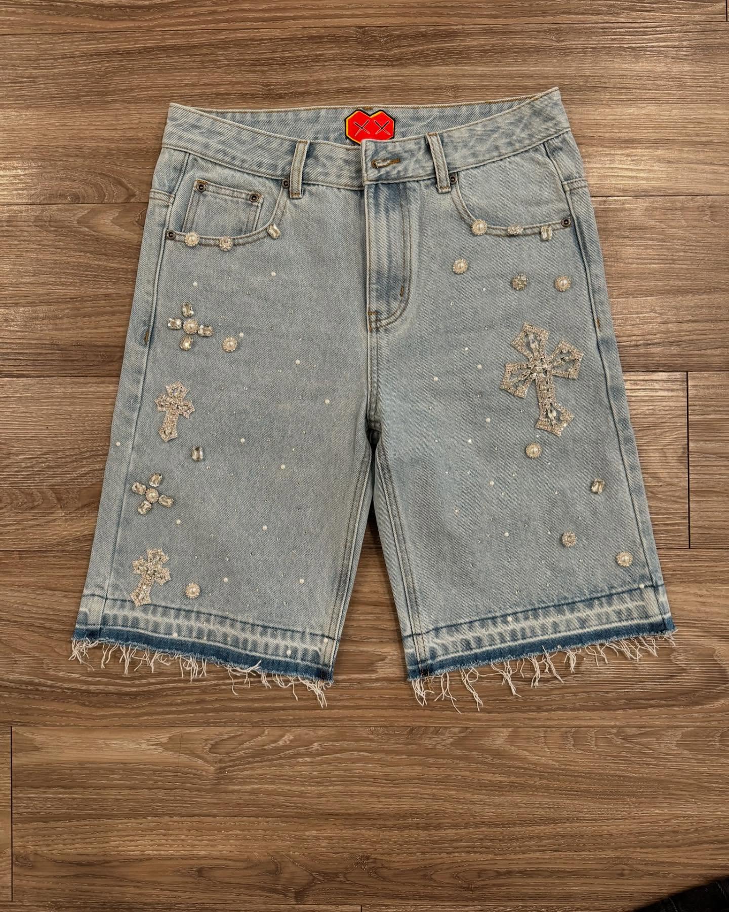 Y2K ゴシックダイヤモンドクロス刺繍デニムショーツアメリカンレトロブルージムショーツラインストーンストリートヒップホップ男性女性 Jorts
