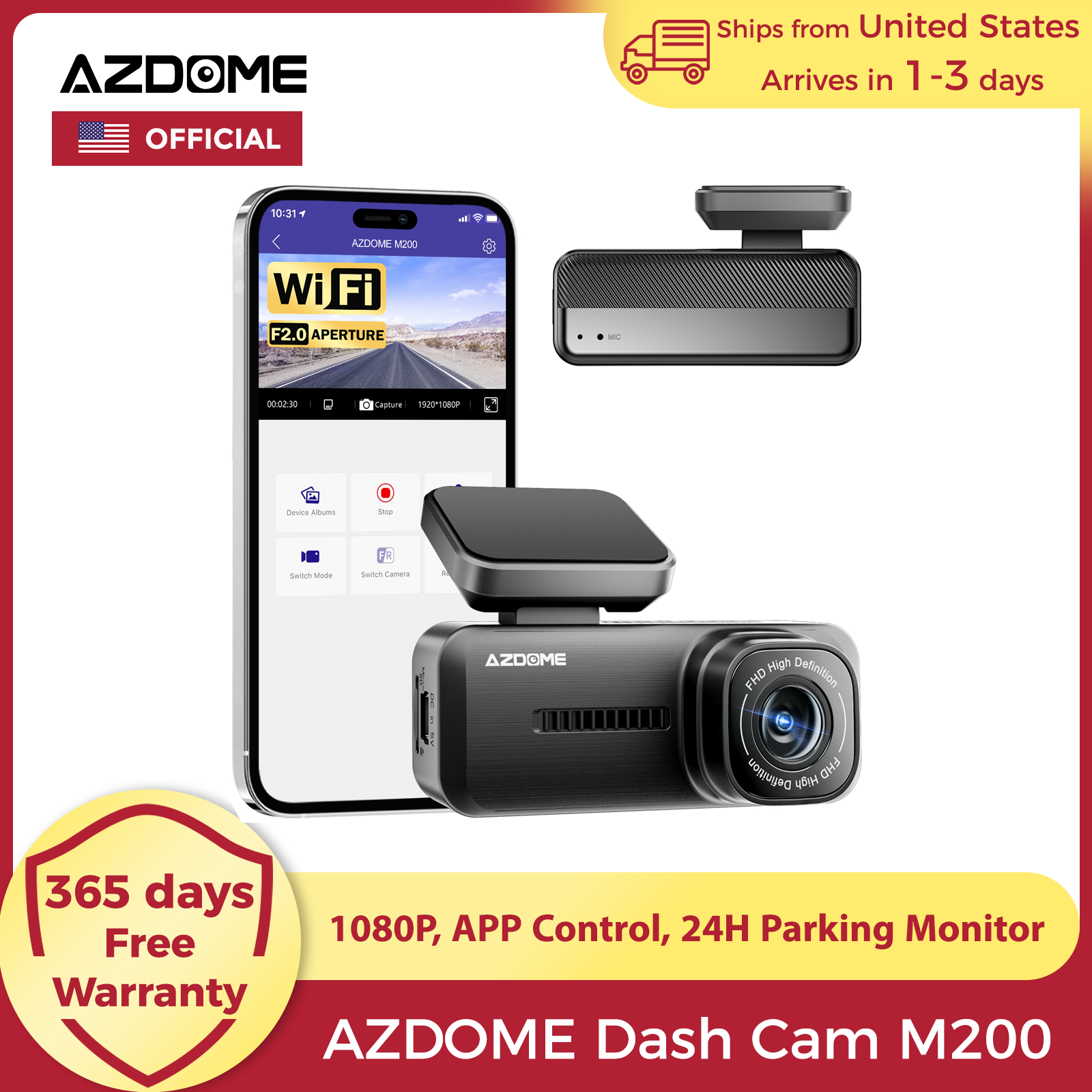 【米国倉庫】AZDOME ダッシュカム M200 1080P 内蔵 Wifi APP 制御車フロントカメラ 150FOV F2.0 車 DVR レコーダー 24H 駐車場
