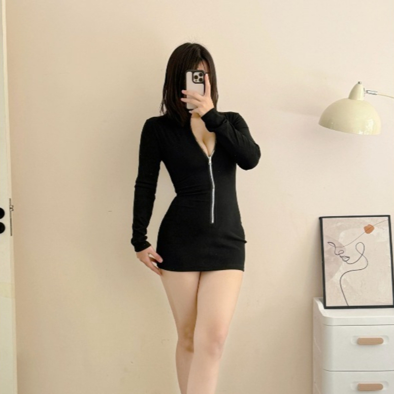 女性黒のセクシーなジッパーミニドレス無地パンツスカート長袖ランジェリーホットガールナイトアウトやパーティー着用クラブウェア