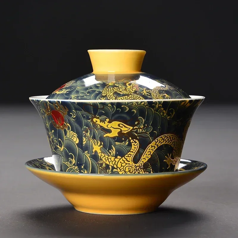 セラミック Sancai gaiwan、マスターティーカップ、レトロ中国スタイル、青と白のティーボウルハウスカバーボウル、ラージドラゴン、200ml