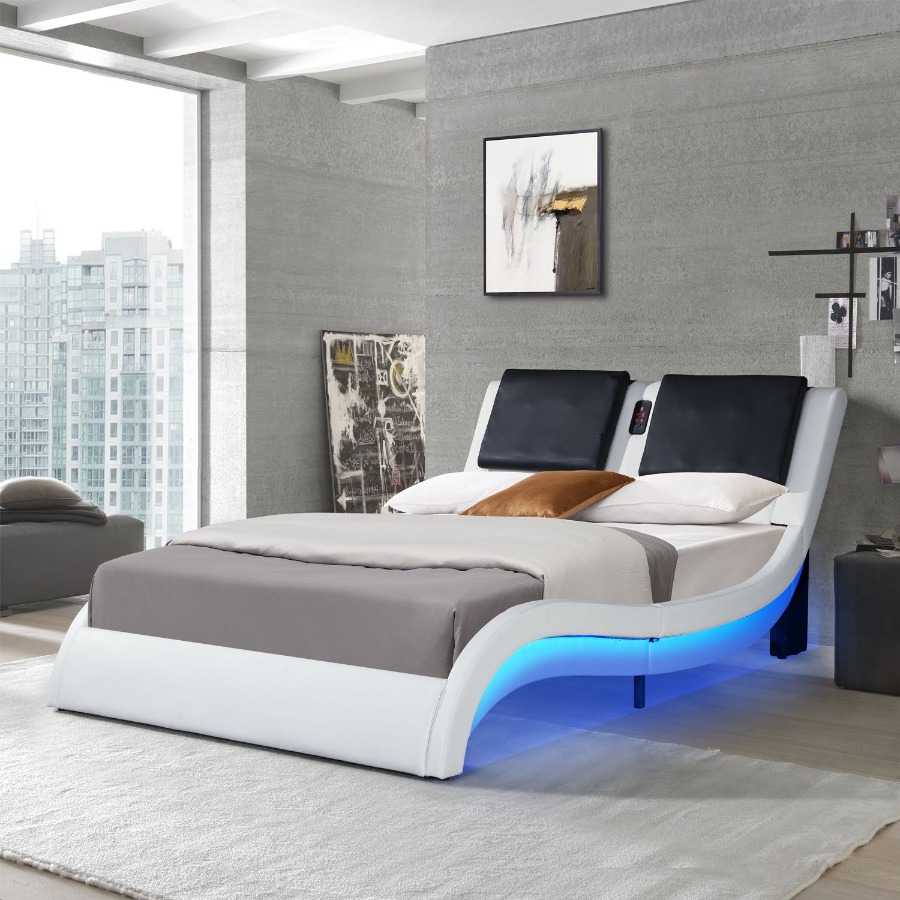 フェイクレザー張りのプラットフォームベッドフレーム、LED照明付き。 Bluetooth 接続で音楽を再生 RGB コントロール;バックレストビブラート