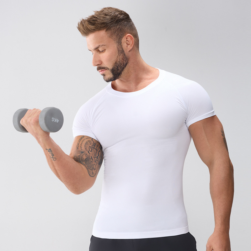 メンズシームレススポーツTシャツ、半袖トレーニング＆フィットネストップ、ノントレース高弾性速乾ランニングアパレル