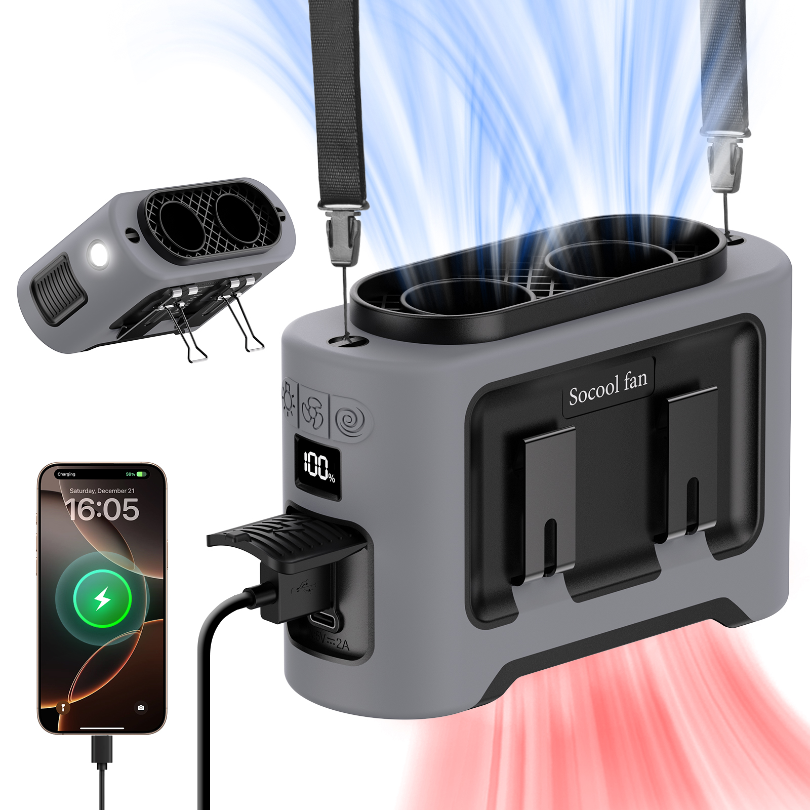 Socool 14500mAh ポータブルウエストファン デュアルエアフローアウトレット ターボモーター 4 つのクリップ付き 緊急懐中電灯 パワーバンク 屋外用
