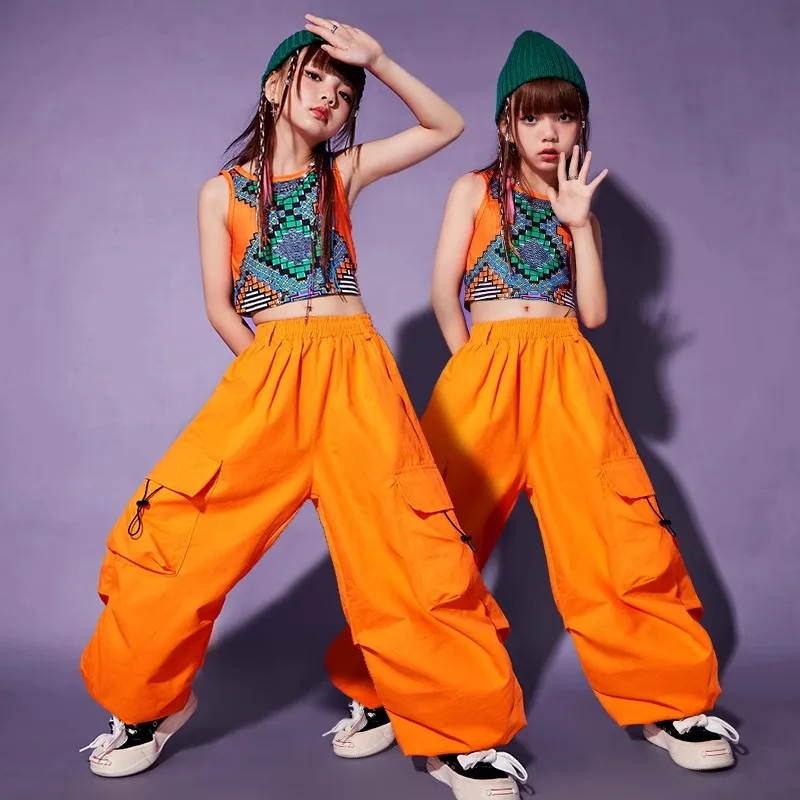 子供 Kpop ヒップホップ服ジオメトリプリント作物タンクトップオレンジカジュアルジョガーカーゴパンツ女の子ジャズダンス衣装着用服