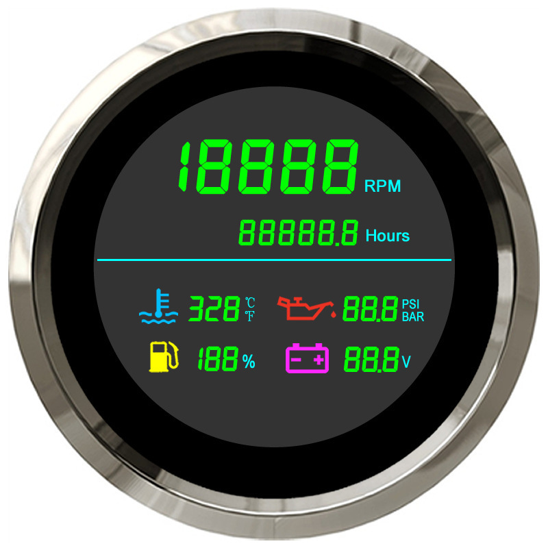 85mm LCD スピードウォッチ アワーメーター付き 油面水温油圧電圧 6-in-1 タコメーター