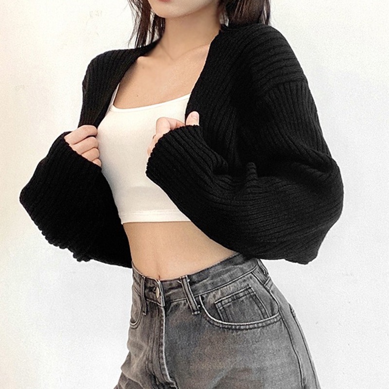 女性ショートカーディガン秋超ショートセーターコート長袖ルーズニットクロップトップ無地セクシーなカーディガンセータートップ