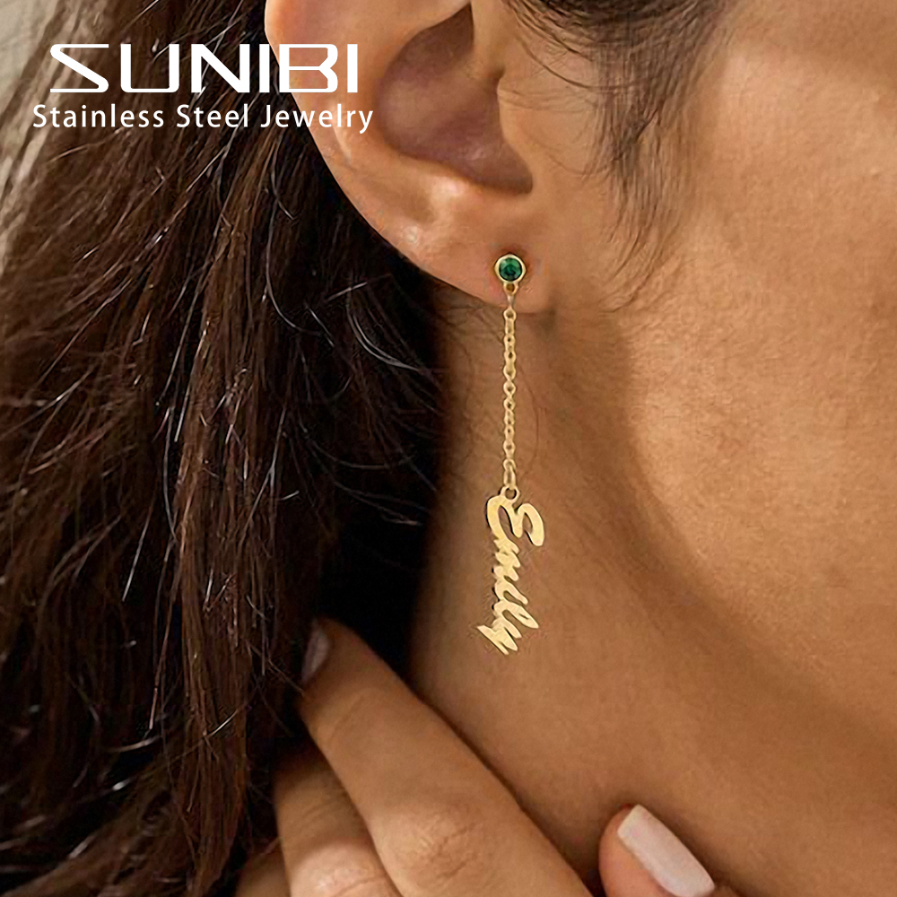 SUNIBI ステンレス鋼の名前カスタムイヤリング女性の誕生石カスタムペンダントアルファベットイヤリングレディースジュエリードロップシッピング