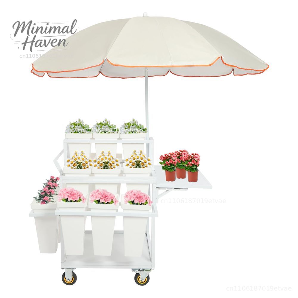 Outdoor Flower Display Stand with Parasols, Heavy Metal Flower Cart with 18 Buckets, Flower Plant Stand with Wheels, Movin