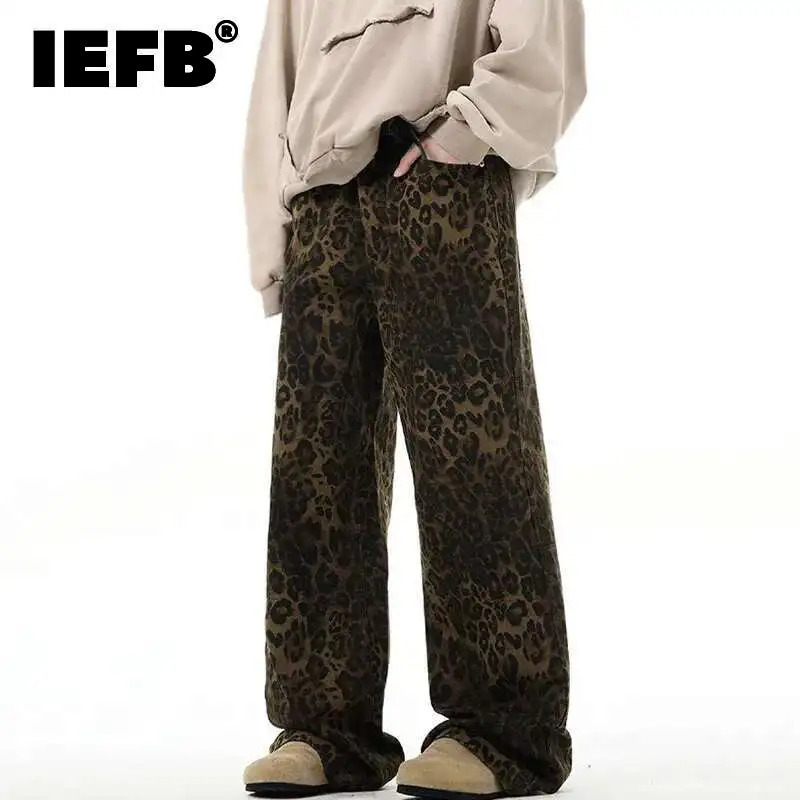 IEFB ハイストリートメンズジーンズヒョウ柄カジュアルヴィンテージアメリカンデニムパンツストレートワイドレッグルーズ男性ズボン新 9W1219