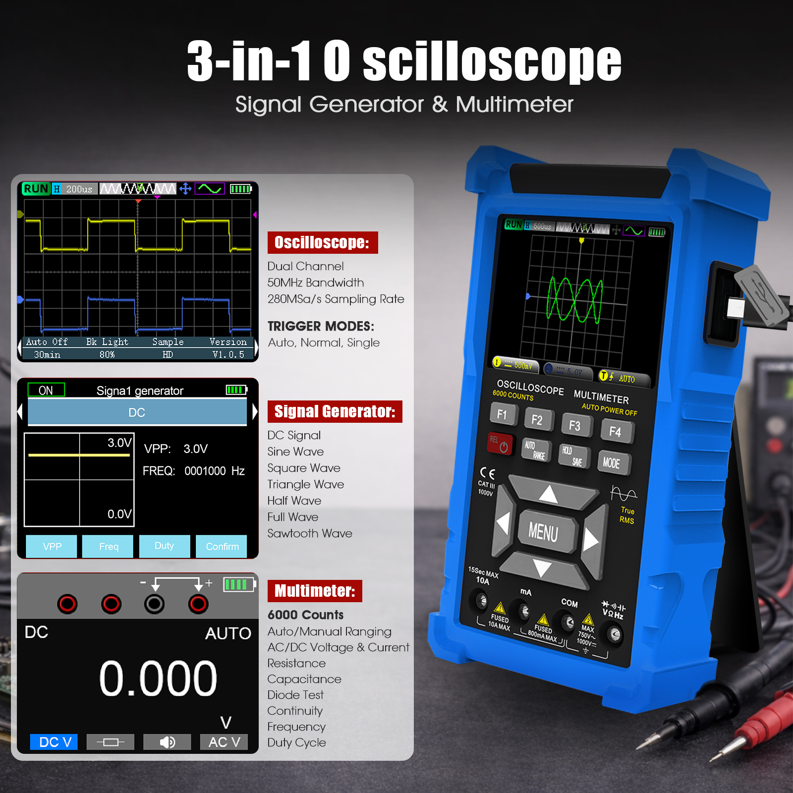 3 in 1 オシロスコープ 50MHz デュアル チャネル信号発生器マルチメータ 6000 カウント True RMS Type-C