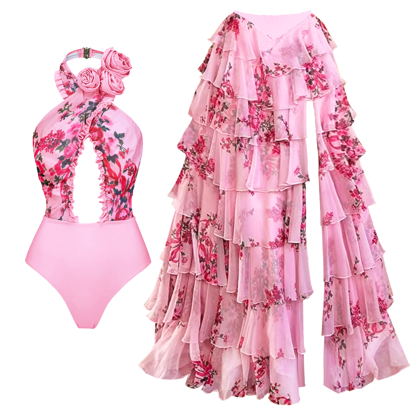 2Pc 花水着女性のセクシーな水着プッシュアップビキニホルター Biquini 女性痩身水着ボディスーツビーチウェアロングスカート