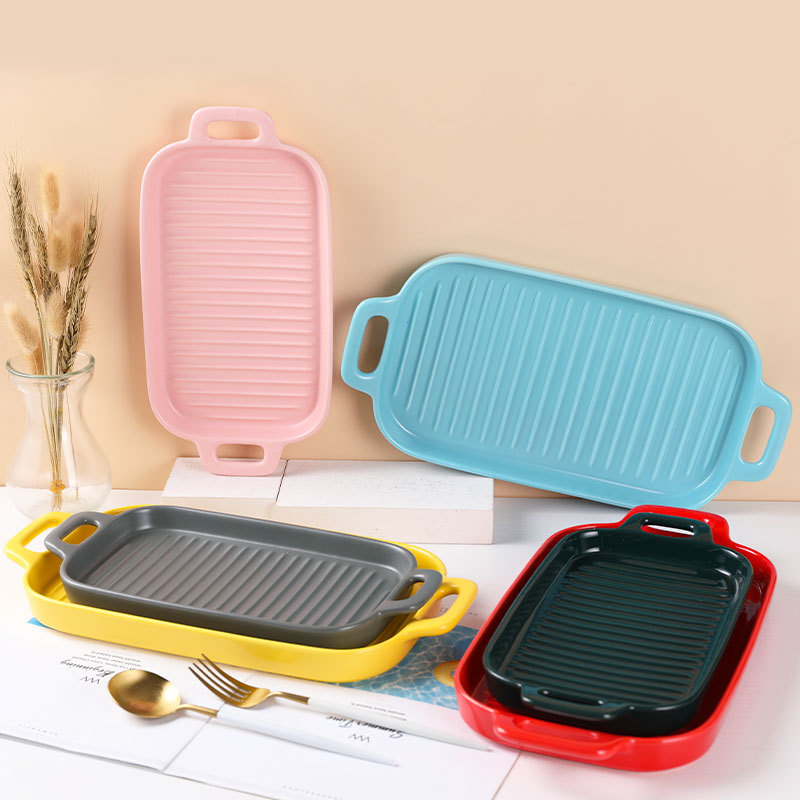北欧長方形バイノーラル焼き皿セラミックプレートホーム朝食フラットプレート電子レンジベーキングプレート洋食プレート