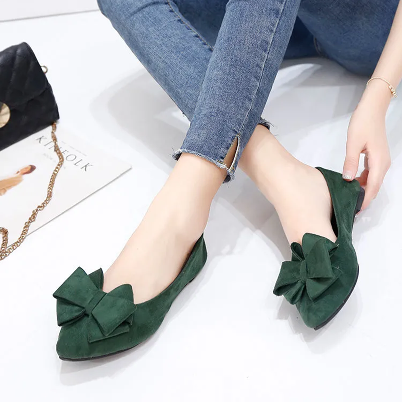 女性ファッショングリーン蝶ネクタイフロックフラットシューズ Zapatos De Mujer レディカジュアルブラックオフィス