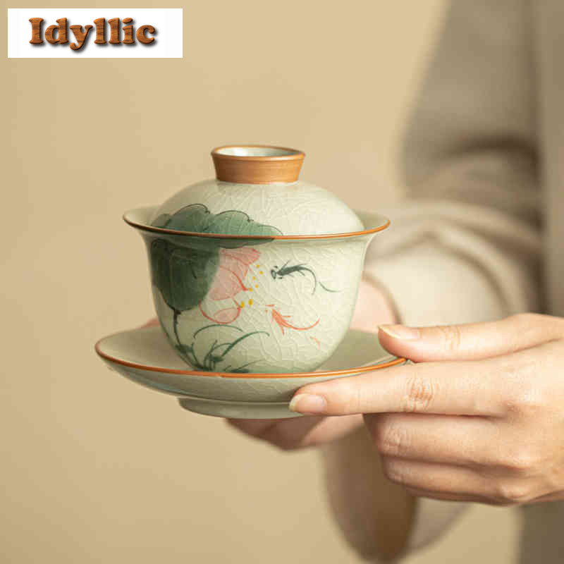 150 ミリリットル Ge 窯手描き魚蓮アイスクラック Gaiwan アンティーク茶チュリーン茶ボウル蓋キットティーメーカーカバーボウルカフェギフト