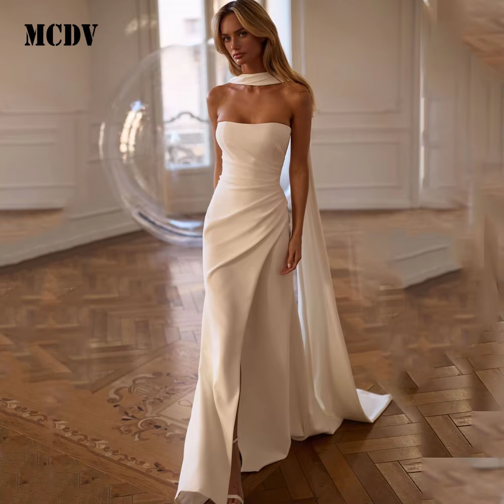 Satin Mermaid Wedding Dress Ribbons Strapless Slit Civil Reception Dresses For Weddings Sweep Train vestido noiva Customized