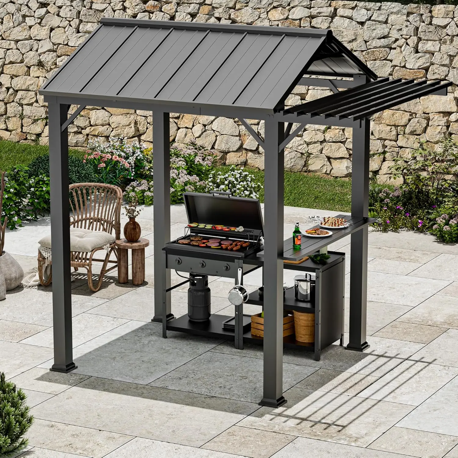 グリル ガゼボ 6 フィート x 8 フィート、亜鉛メッキ鋼屋根とパーゴラ エクステンション付き、UV ブロック付き BBQ ガゼボ