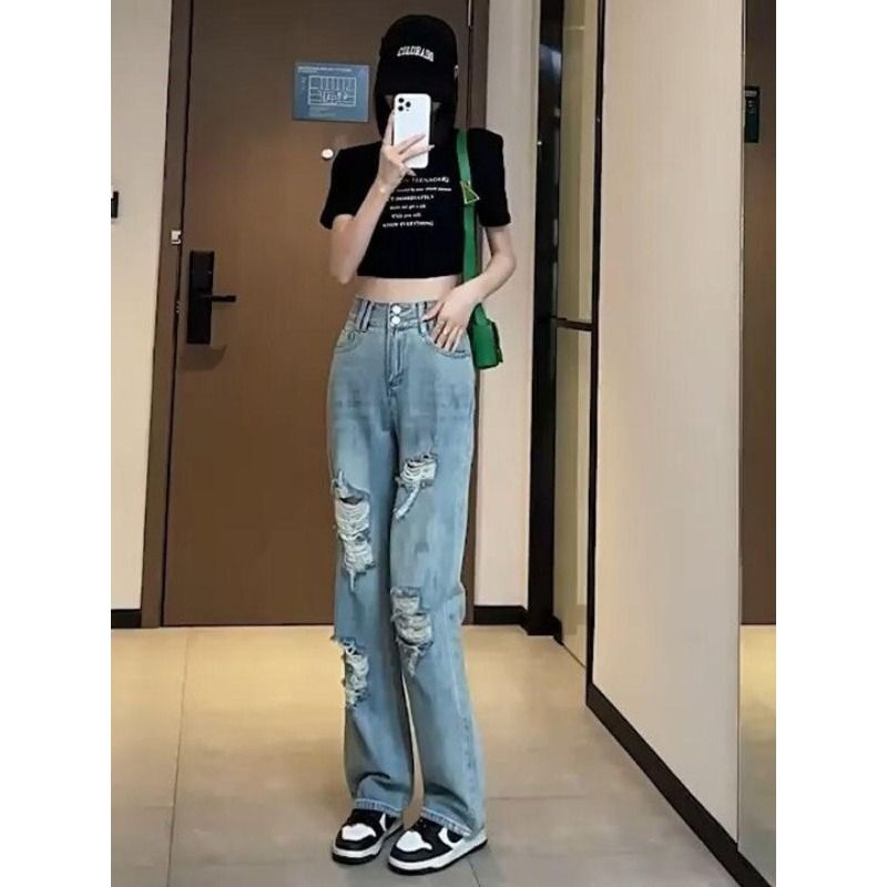女性のシックなブルーリッピングストレートレッグジーンズガールズ韓国ファッションハイウエストデニムパンツ女性カジュアルルーズ薄いパンツ
