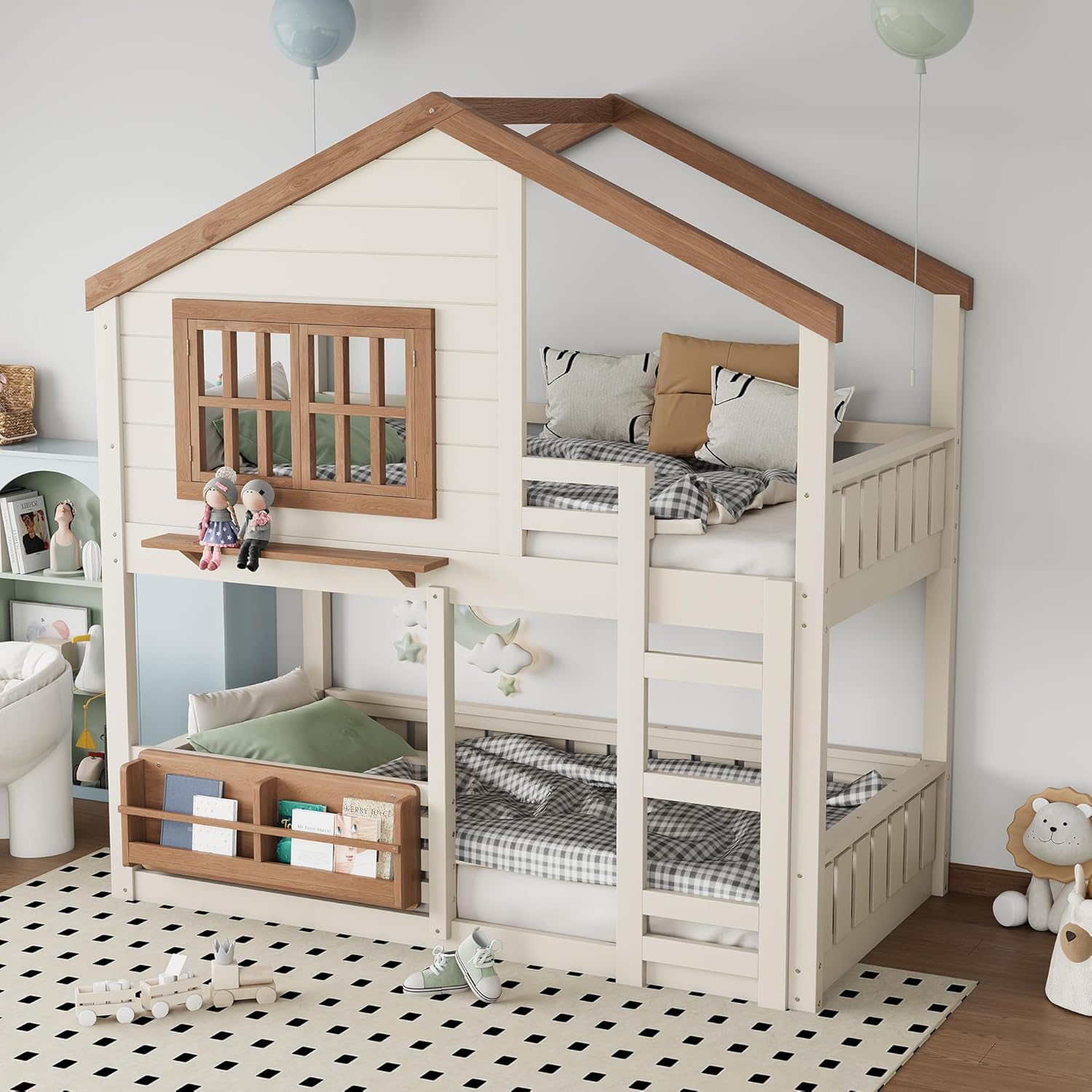 ツインハウス 二段ベッド 窓 屋根 本棚 木製フレーム はしご ガードレール 子供用プレイハウス スペース節約、カスタマイズ